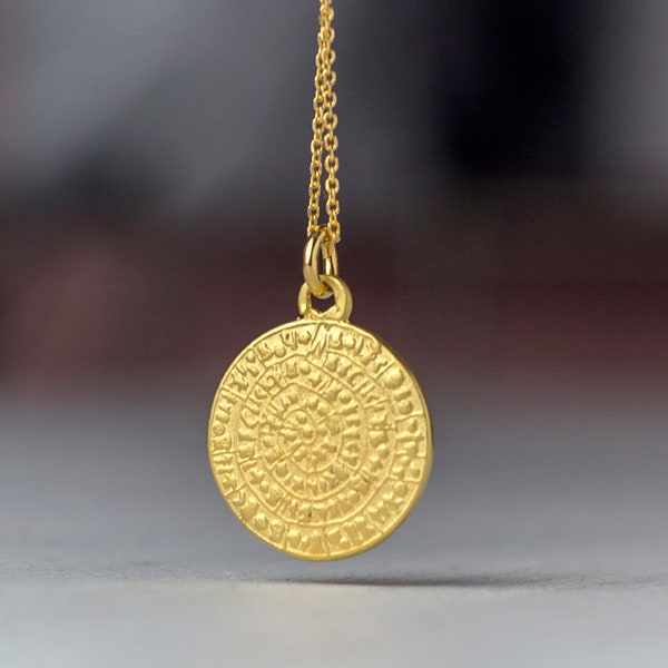 Collier disque de Phaistos fait main en or massif / pendentif pièce de monnaie grecque antique / superposition de breloques nuptiales