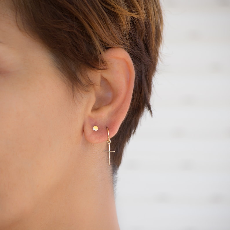 Hoop Earring with cross in 14k / Solid Gold Single or Pair / Unisex Dangle Earrings image 2