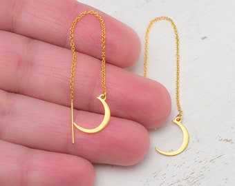 Ear Threader Crescent Moon Earrings / Solid Gold Long Bar Dangle Earrings / Dainty Celestial Jewelry