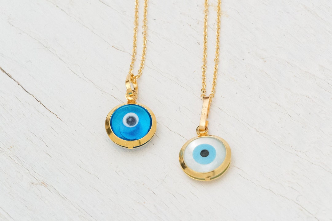 Solid Gold 14k Evil Eye Necklace / White, Blue Tiny Evil Eye Pendant ...