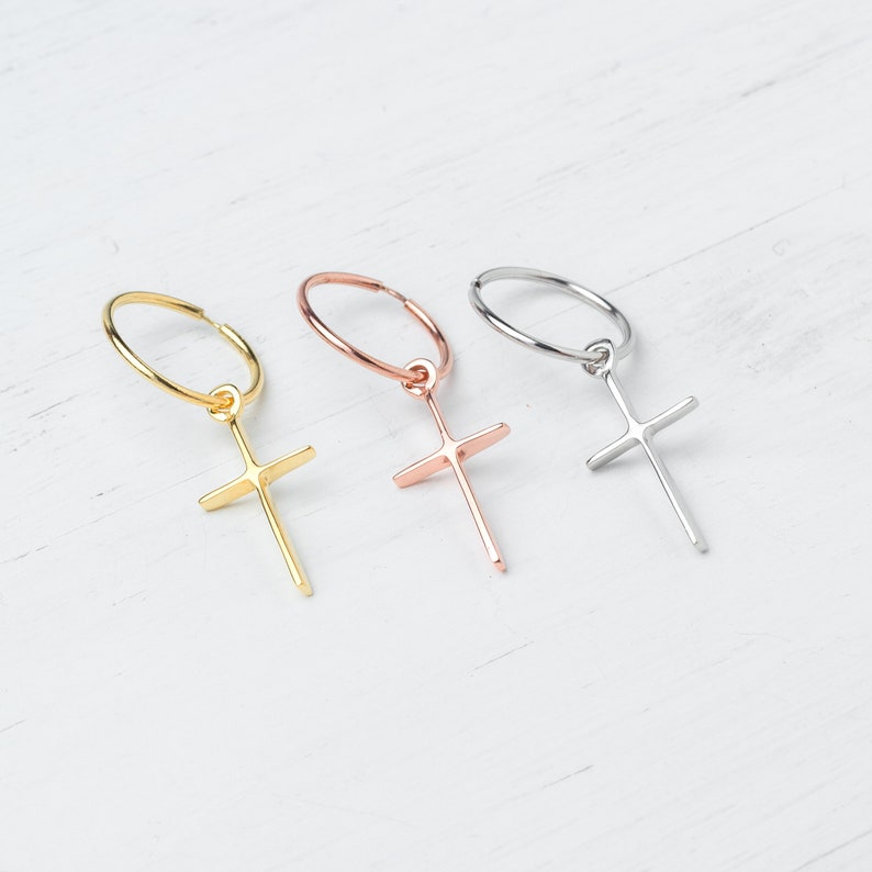 Hoop Earring with cross in 14k / Solid Gold Single or Pair / Unisex Dangle Earrings image 3