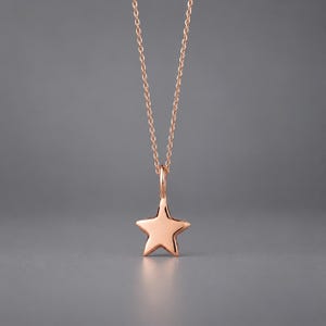 May include: A rose gold-toned necklace featuring a delicate chain and a smooth, five-pointed star pendant. The star charm is suspended from a simple jump ring, creating a clean and polished look with a warm metallic finish throughout the piece.