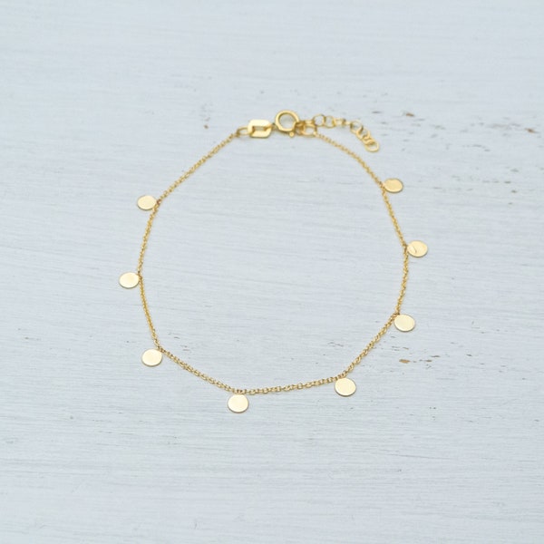 Tiny Gold Discs Bracelet in Solid Gold / Minimal Coin Jewelry / Layering, Anniversary Gift