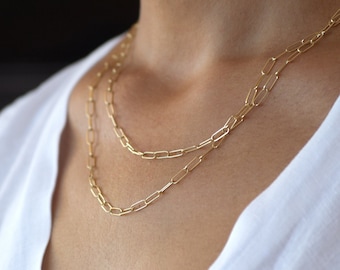 14k Solid Gold Paper Clip Chain /  Paperclip Unisex Necklace / Gift for men, women /  Minimalist Fine Jewelry