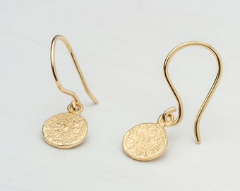 Tiny Phaistos Disc Dangle Earrings 14k / Solid Gold Antique Ancient Greek Coins / Women  Fine Jewelry