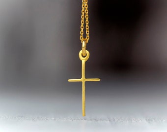 Dainty Solid Gold Cross Necklace, 14k 18k 9k gold, Handmade Gift,  Religious Pendant