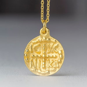 Solid Gold Constantine Coin Pendant / Byzantine Cross Nekclace / Religious protection Charm