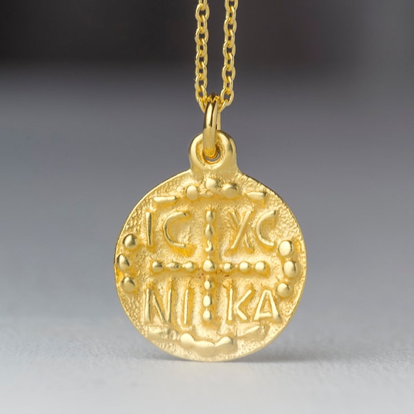 Solid Gold Constantine Coin Pendant / Byzantine Cross Nekclace / Religious protection Charm