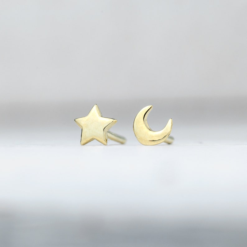 Extra Tiny Solid Gold Moon and Star Earrings / 14k Celestial Studs / Unisex Fine Jewelry image 6