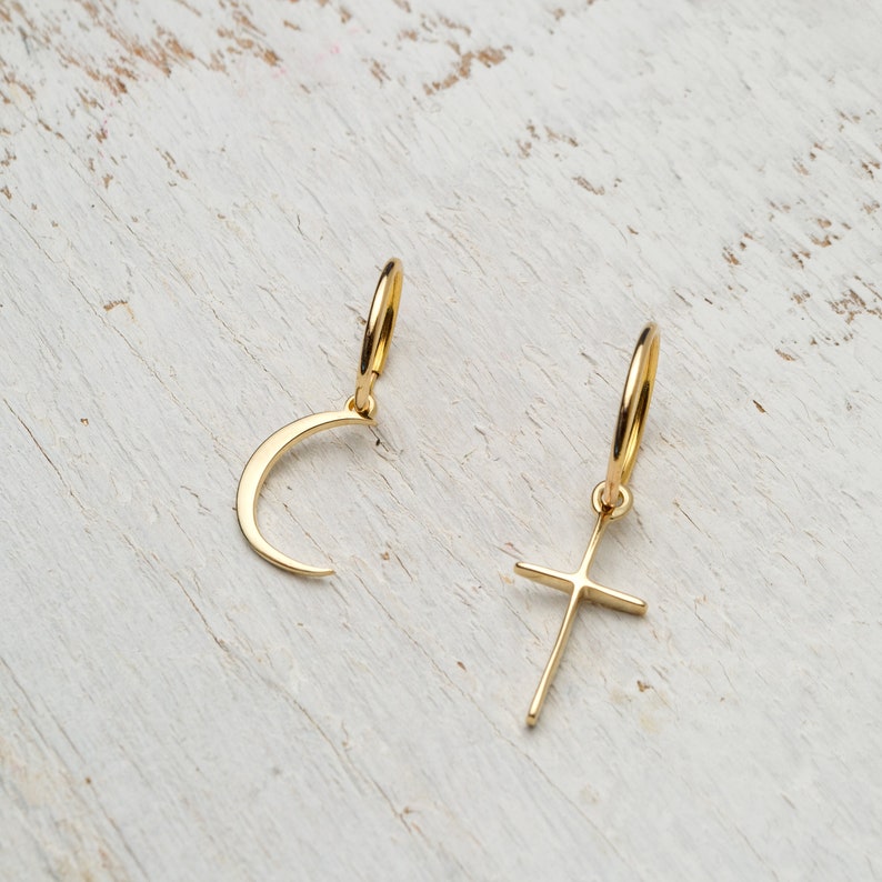 Hoop Earring with cross in 14k / Solid Gold Single or Pair / Unisex Dangle Earrings image 5