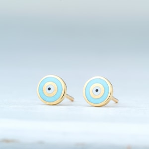 Solid Gold Evil Eye Earrings / Handmade 14k Enamel Studs / Blue Evil Eye Jewelry