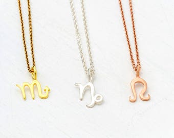 Tiny Solid Gold Zodiac Sign Necklace | Personalized Charm | 9k, 14k or 18k | Birthday Pendant | Unisex Gift