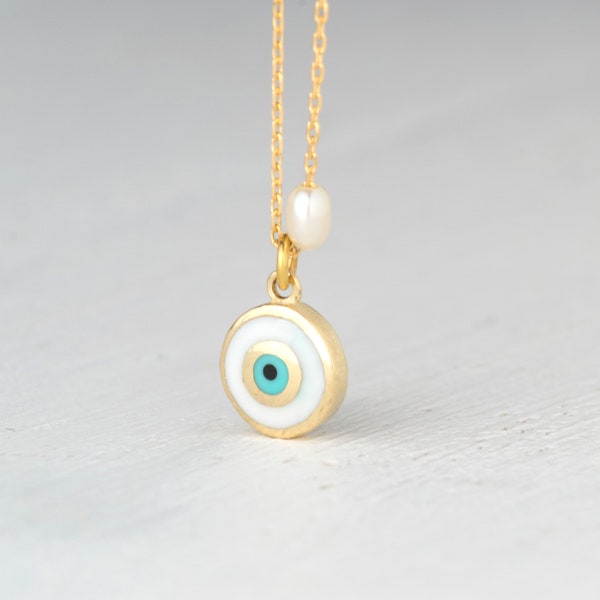 Evil Eye Necklace in Solid Gold with Pearl | 14k Enamel Pendant | Bridal Jewelry