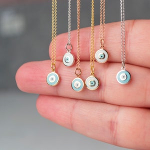 Tiny Evil Eye Necklace Solid Gold | White or Blue Enamel Pendant | 14k yellow rose or white gold