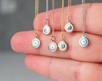 Tiny Evil Eye Necklace Solid Gold | White or Blue Enamel Pendant | 14k yellow rose or white gold