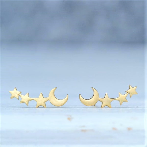 Solid gold Celestial Ear climber / Star Earrings / Crescent moon Studs / 9k 14k 18k