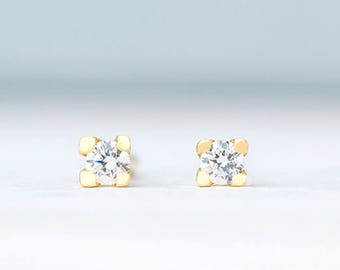 Solid Gold Tiny CZ Earrings / Minimal Gemstone Stud / Simple Fine Jewelry / Everyday Gift