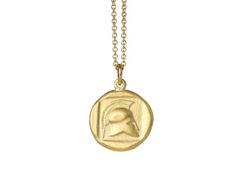 Solid Gold Warrior Helmet Pendant / Ancient Greek Coin Necklace in 9k, 14k or 18k Gold