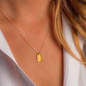 Solid Gold Tag Halskette | 2er-Set | Initial Hand gestempelt | 14k 9k 18k Gold |  Doppel Tag Anhänger
