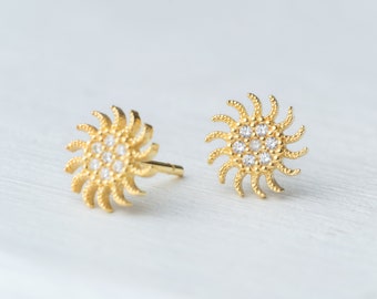 Solid Gold Sun Earrings / Minimal CZ Studs / Sparkling Fine Jewelry / 14k solid gold