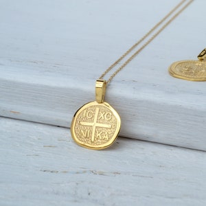 14k Solid Gold Constantine Coin pendant, Cross Necklace,  Modern ICXC NIKA Charm, Religious Protection Charm