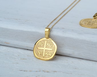 14k Solid Gold Constantine Coin pendant, Cross Necklace,  Modern ICXC NIKA Charm, Religious Protection Charm