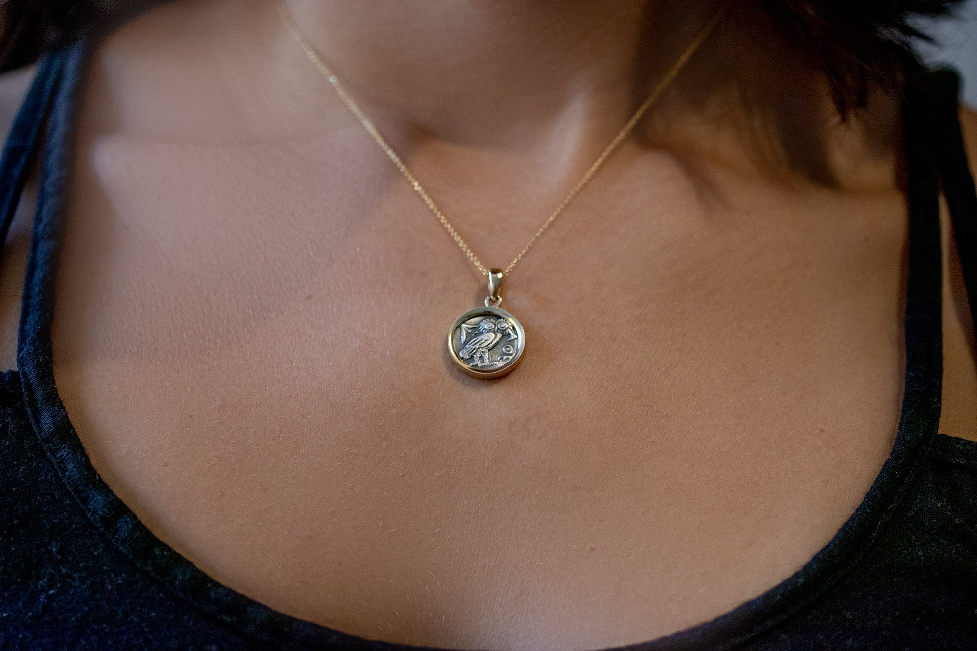 thumbnail image 2 of 24K Gold Plated Ancient Owl Of Athena Coin Necklace – Greek Women's Pendant On Curb Chain (G886) 2 of 4