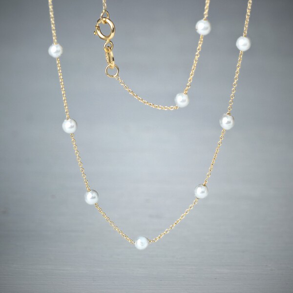 Solid Gold Pearl Necklace / 9k 14k or 18k Solid Gold / Dainty Necklace / Yellow, White or Rose Gold