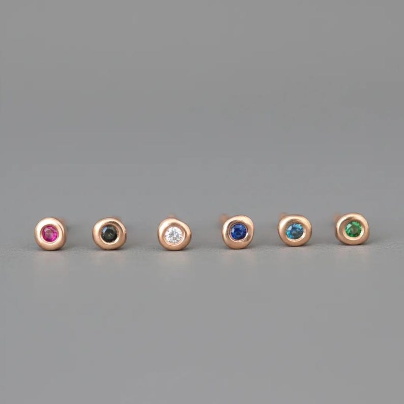 Maleńki kolczyk z litego złota z kamieniem szlachetnym: pojedynczy minimalistyczny kolczyk, diament, 9k 14k 18k 207H-S zdjęcie 3