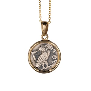 Ancient Greek Owl Coin Necklace in Solid Gold and Sterling Silver / Athena Goddess Pendant / History Lover