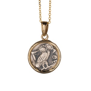 Ancient Greek Owl Coin Necklace in Solid Gold and Sterling Silver / Athena Goddess Pendant / History Lover