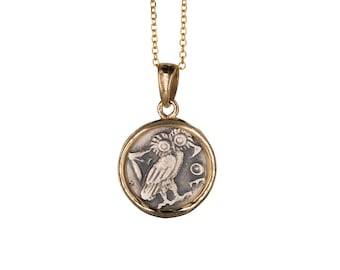 Ancient Greek Owl Coin Necklace in Solid Gold and Sterling Silver / Athena Goddess Pendant / History Lover