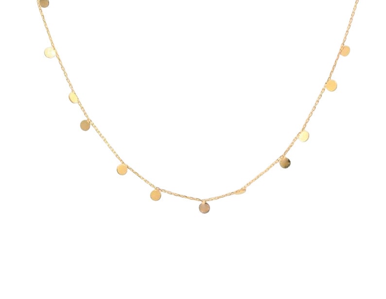 A solid gold necklace with tiny gold discs, dots dangling from the chain. Available in 9k, 14k or 18k solid yellow, white or rose gold.