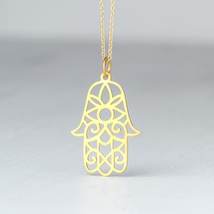 Small Gold Hamsa Necklace / Dainty Solid Gold Fatima Hand, Evil Eye Pendant / Elegant protection Charm / Unisex Gift