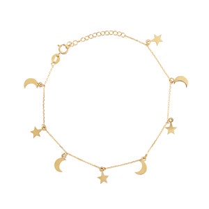 Moon and Star Bracelet in solid Gold |  9k, 14k or 18k | Yellow White or Rose Gold | Celestial Jewelry | Mothers day gift | Dainty Bracelet