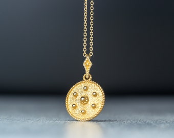 Dot Disc Necklace in 14k solid Gold / Flower Pendant / Ancient Greek Coin Charm