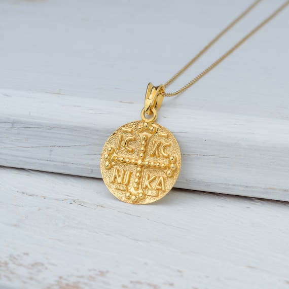Solid Gold Byzantine Cross Necklace: Constantine Coin Pendant