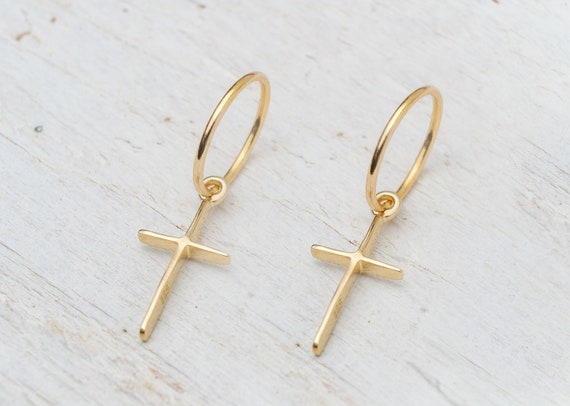 Hoop Earring With Cross in 14k Solid Gold Single or Pair