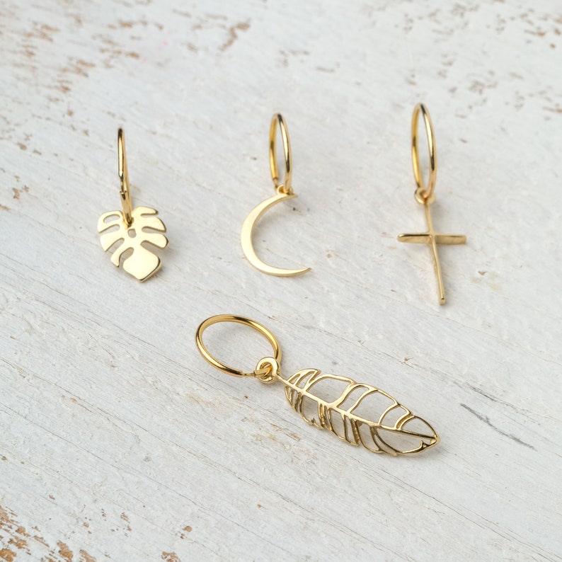 Hoop Earring with cross in 14k / Solid Gold Single or Pair / Unisex Dangle Earrings image 6