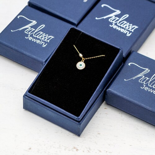 Tiny Evil Eye Necklace Solid Gold shops | White or Blue Enamel Pendant | 14k yellow rose or white gold