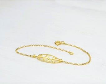 Dainty Solid Gold Feather Bracelet: Layering Leaf Jewelry  197A-BX