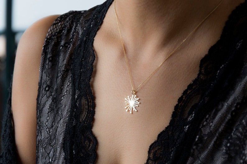 Solid Gold Dandelion Necklace / Minimal Flower Pendant / 9k, 14k or 18k / Gift for Her / Nature lover image 2