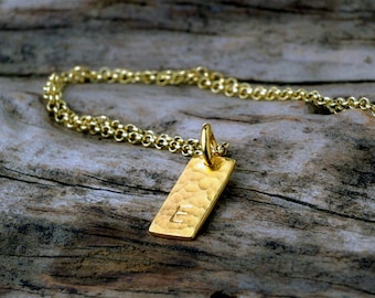 Hammered Solid Gold Tag Necklace, Personalized Initial Pendant,  14k Layered,  Wedding necklace, monogram gift for her