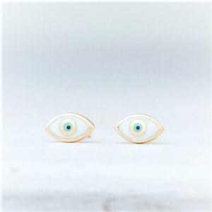 Solid Gold Evil Eye Earrings / Handmade 14k Enamel Studs / White Evil Eye Jewelry