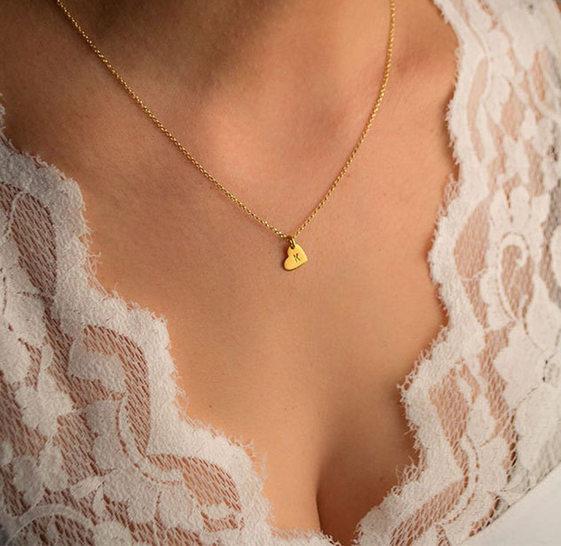 Solid Gold Heart Necklace with Initial / Personalized Pendant / Custom Charm Hand Stamped