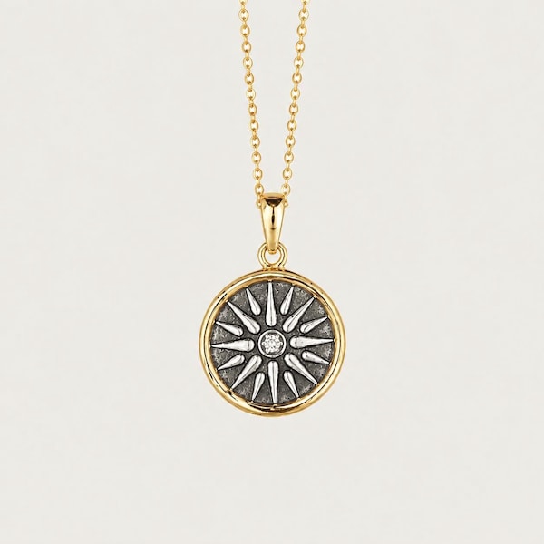Gold Macedonian Vergina Sun Coin Necklace, Oxidized Sterling Silver Pendant
