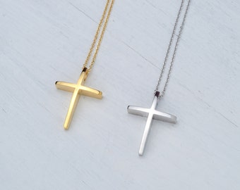 Minimal Solid Gold Cross Necklace / 14k gold Handmade Curved Cross Pendant / Religious Elegant Charm / Christmas Gift