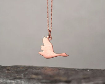 Solid Gold Flying Goose Necklace / Dainty Bird Pendant / Farm Animal Lover / Quirky Jewelry, Gift for women, men, kids