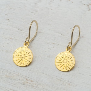 Solid Gold Sun Disc Earrings: Vergina Ancient Greek Jewelry, 9k 14k or 18k