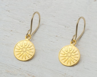 Sun Disc Dangle Earrings / Vergina Solid Gold Ancient Greek Coins / Unique Jewelry for women, antique